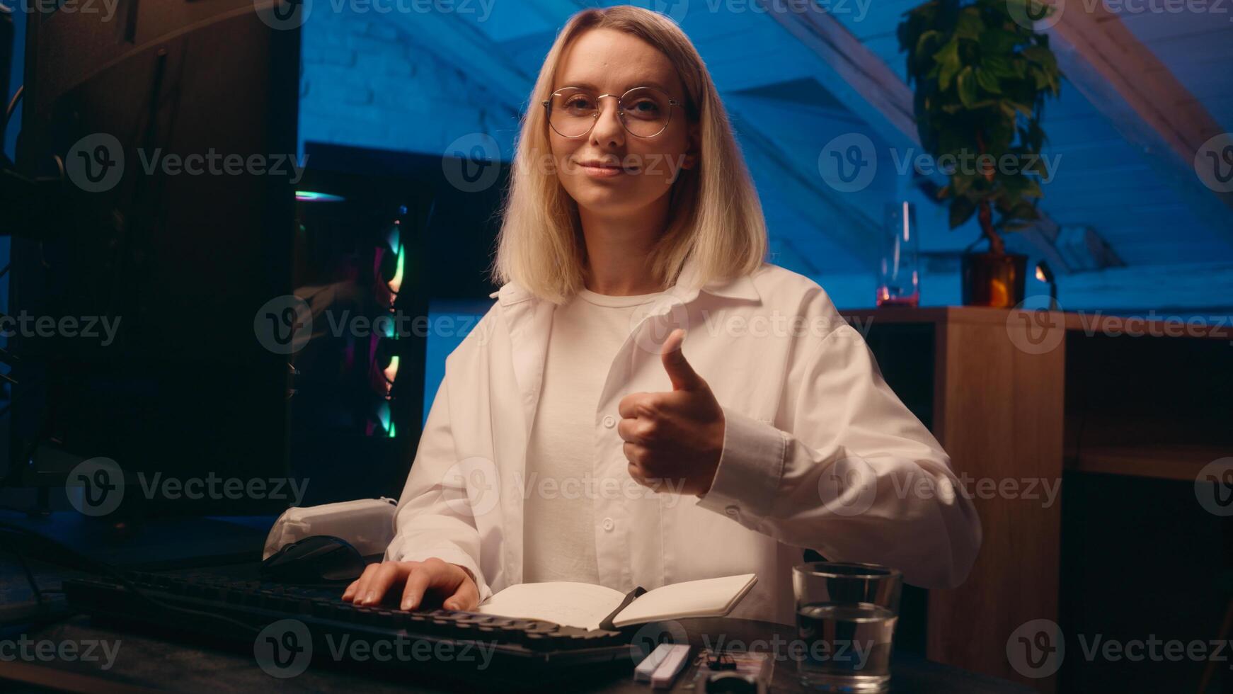 Female business woman student Caucasian businesswoman girl gamer programmer night late study work tech support IT coding web antivirus typing keyboard computer hand ok okay recommend crypto trading photo