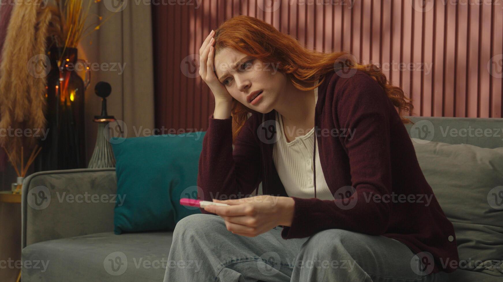 Pregnant young girl Caucasian woman female at home stress unwanted pregnancy check positive or negative result unexpected news shocked worried anxious stressed scary future mother problem infertility photo