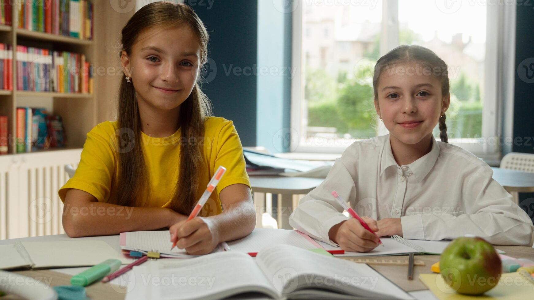 School kids two Caucasian little girls children schoolgirls classmates pupils students learning books desk studying together smiling write homework task prepare lesson exam classroom primary education photo