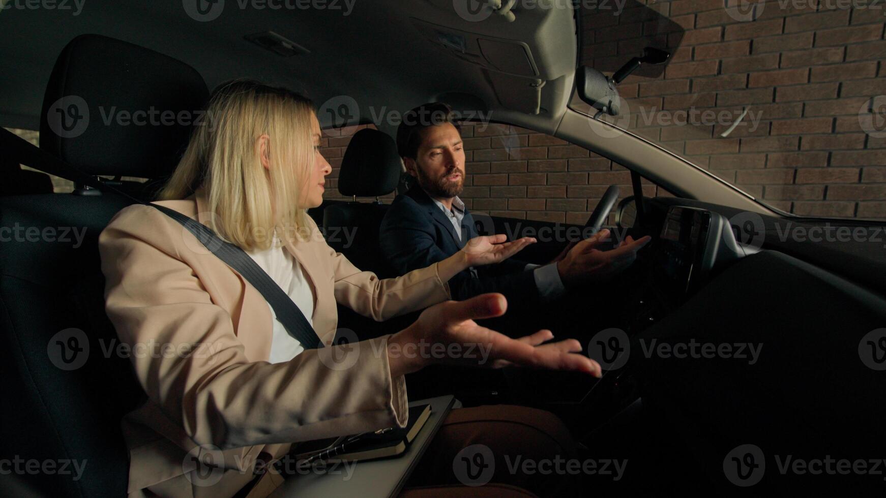 Caucasian woman man male female girl guy family sit in automobile travel driving modern car using electronic digital auto navigator conflict shout yell quarrel couple stress problem road navigation photo