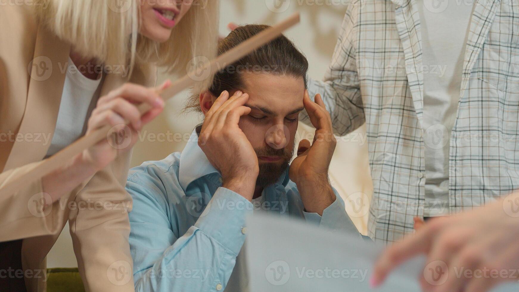 Business team disagreement argue conflict office coworking group angry toxic men women female male architects shout scream quarrel misunderstanding documents problem tired man colleague feel stress photo