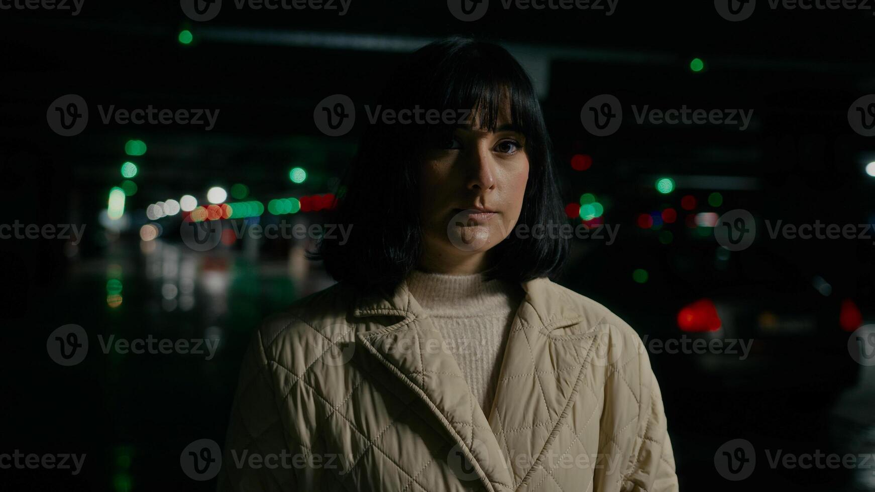 Close up serious worried woman waiting someone wait meeting taxi car order automobile looking side to side look around searching stressed anxious worried female girl at parking lot lost search help photo