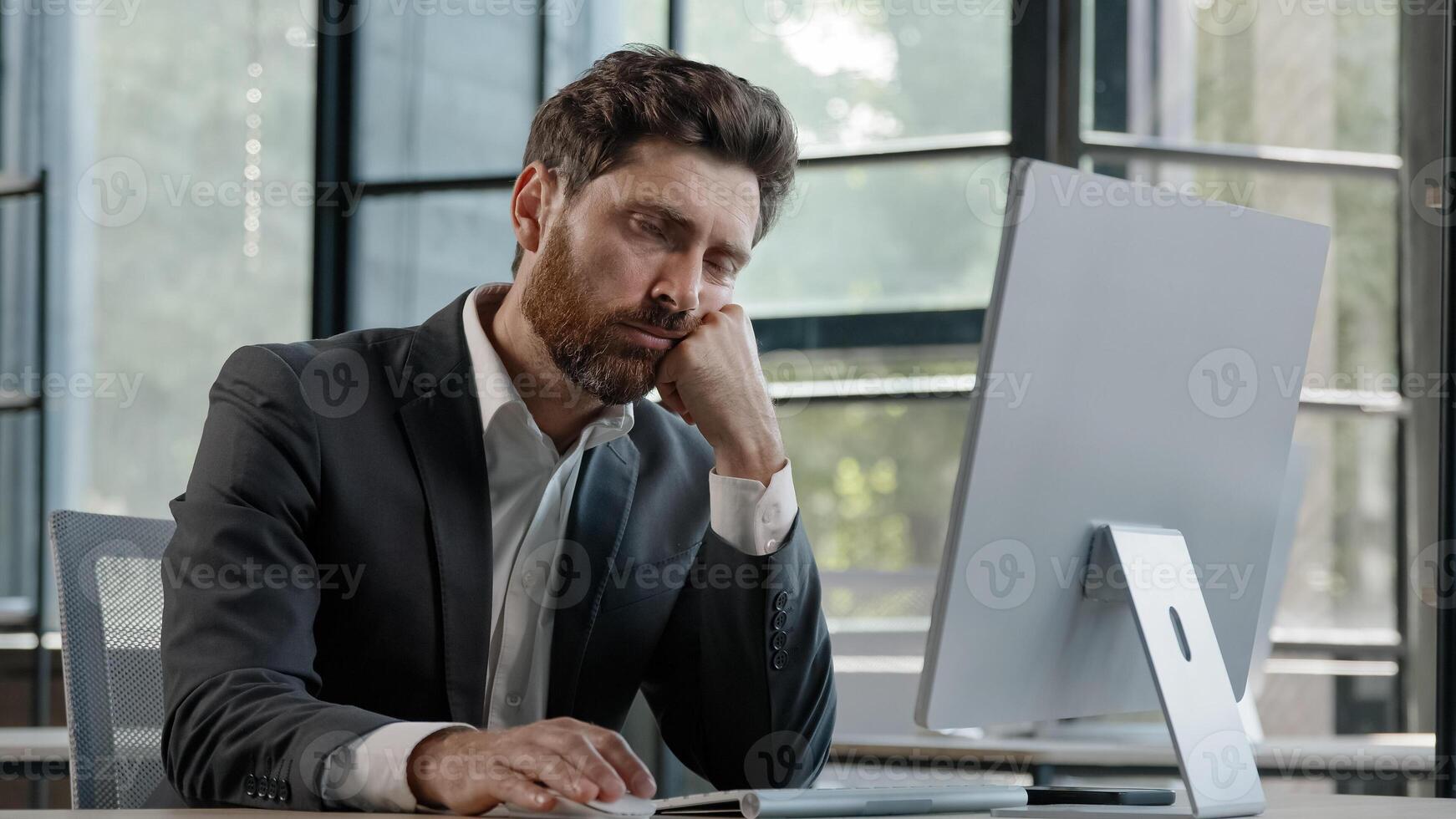 Sleeping tired lazy napping yawn adult bearded man male manager worker bored at work project online in computer in office Caucasian mature ill businessman need energy asleep feel overworked exhaustion photo