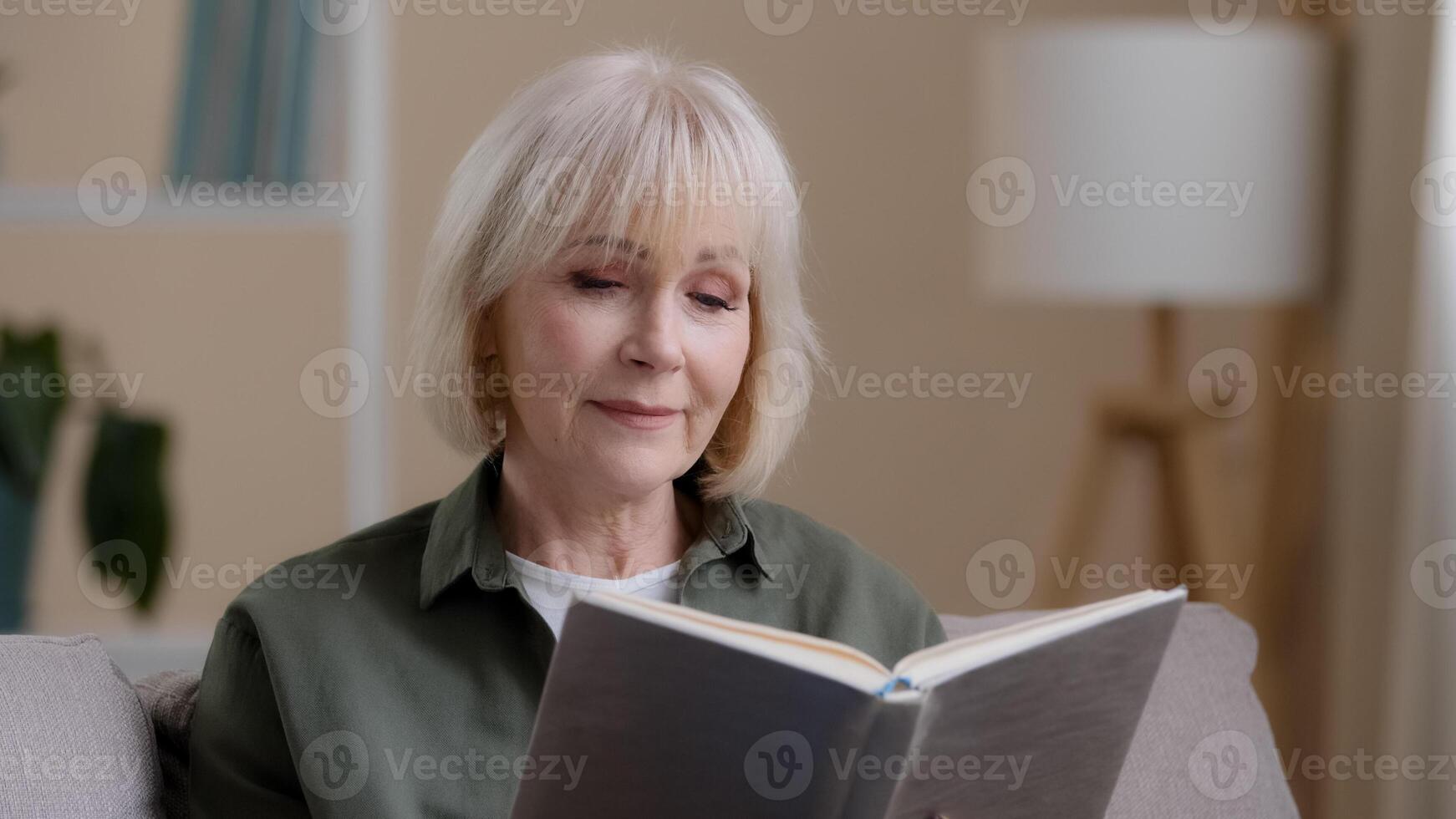 Inspired dreamy Caucasian old woman mature lady senior grandmother sitting on sofa relaxing at home reading book novel literature learning older generation wisdom, female enjoy hobby in living room photo