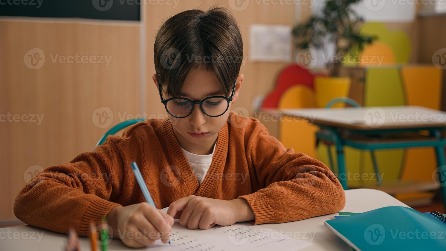 Caucasian guy boy think find idea ponder difficult task writing notes math exercise class lesson school learn write copybook kid schoolboy child pupil thinking studying primary education rise finger photo