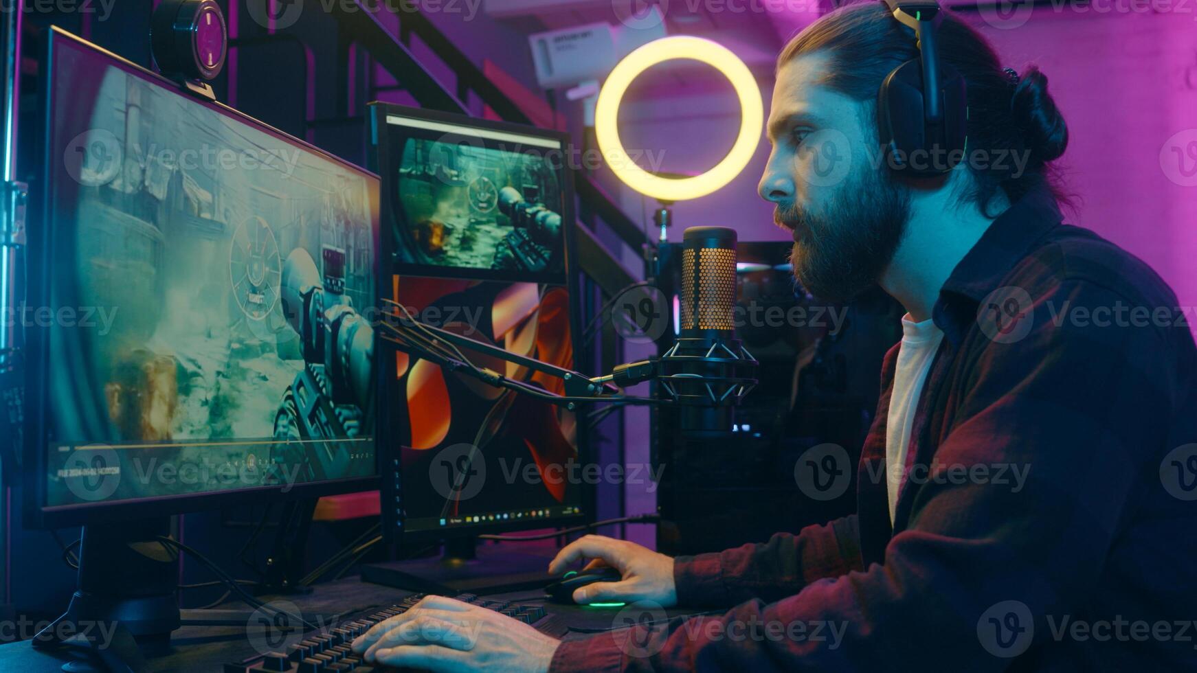 Caucasian gamer man addict puzzled influencer streaming play videogame blog computer screen surprise confused male guy blogger removing headphones shock scam losing game cheat e-sport problem at home photo