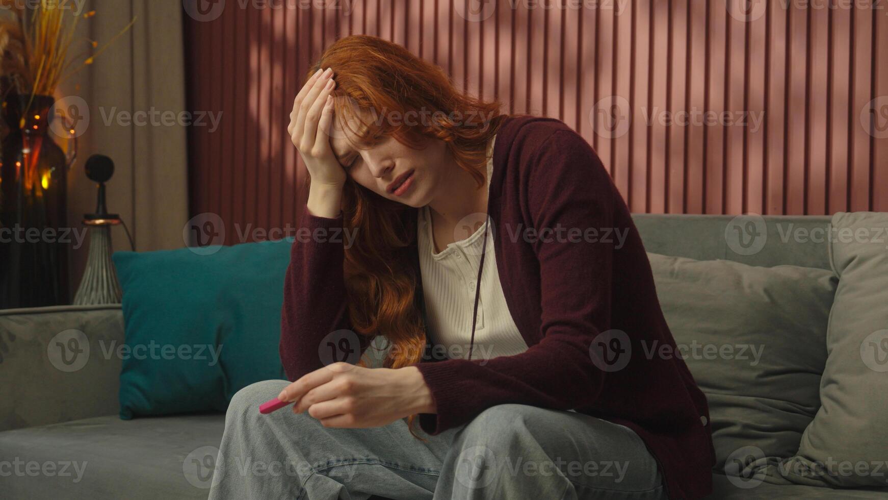 Pregnant young girl Caucasian woman female at home stress unwanted pregnancy check positive or negative result unexpected news shocked worried anxious stressed scary future mother problem infertility photo