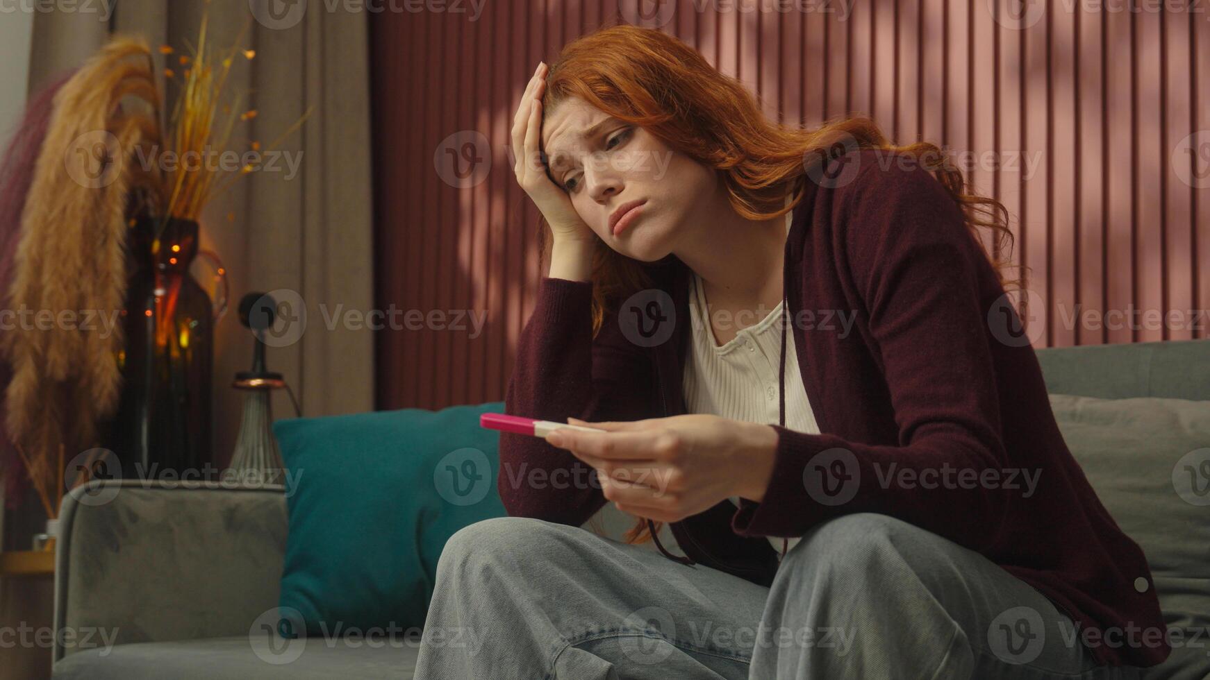 Pregnant young girl Caucasian woman female at home stress unwanted pregnancy check positive or negative result unexpected news shocked worried anxious stressed scary future mother problem infertility photo
