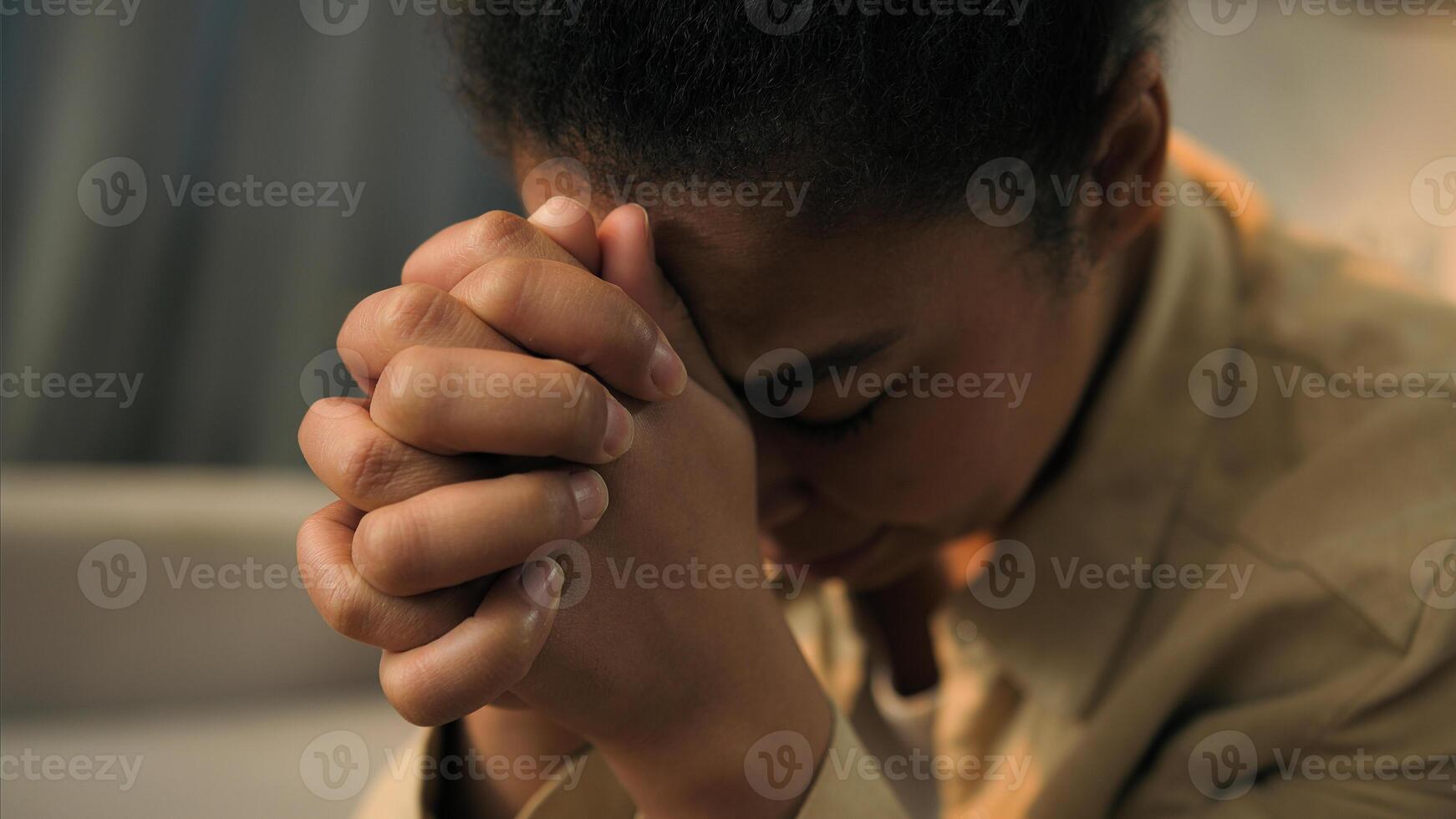 Upset sad desperate disappointed African American woman female girl home renter worried anxious frustrated suffer depression think problem anxious crisis bankruptcy credit loss house rental close up photo