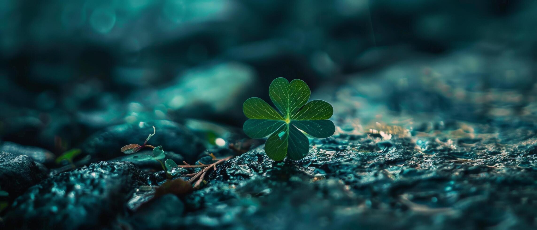 The image is a close-up of a four-leaf clover growing in a rocky field photo