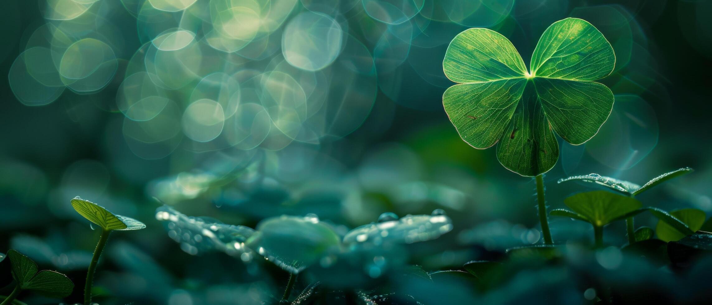 Tiny clover leaves covered with morning dew in the rays of the rising sun. photo