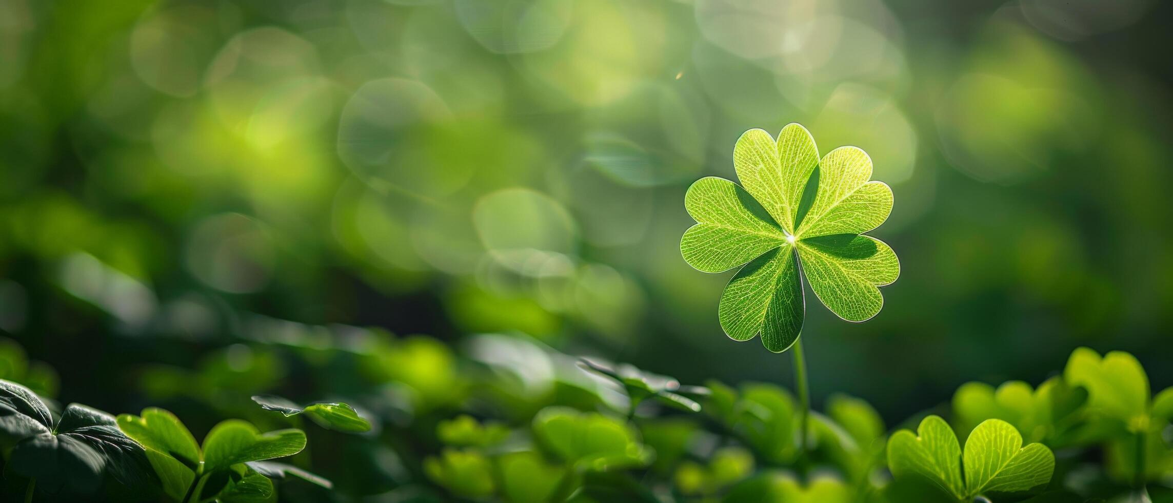 The image is a close-up of a four-leaf clover growing in a field of green clovers photo