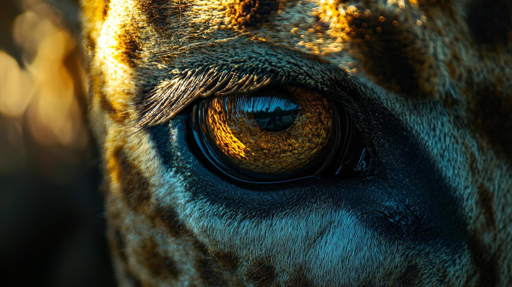 Close up of a giraffe's eye with a blue and yellow hue. The eye is surrounded by a blue and yellow pattern, giving it a unique and striking appearance photo