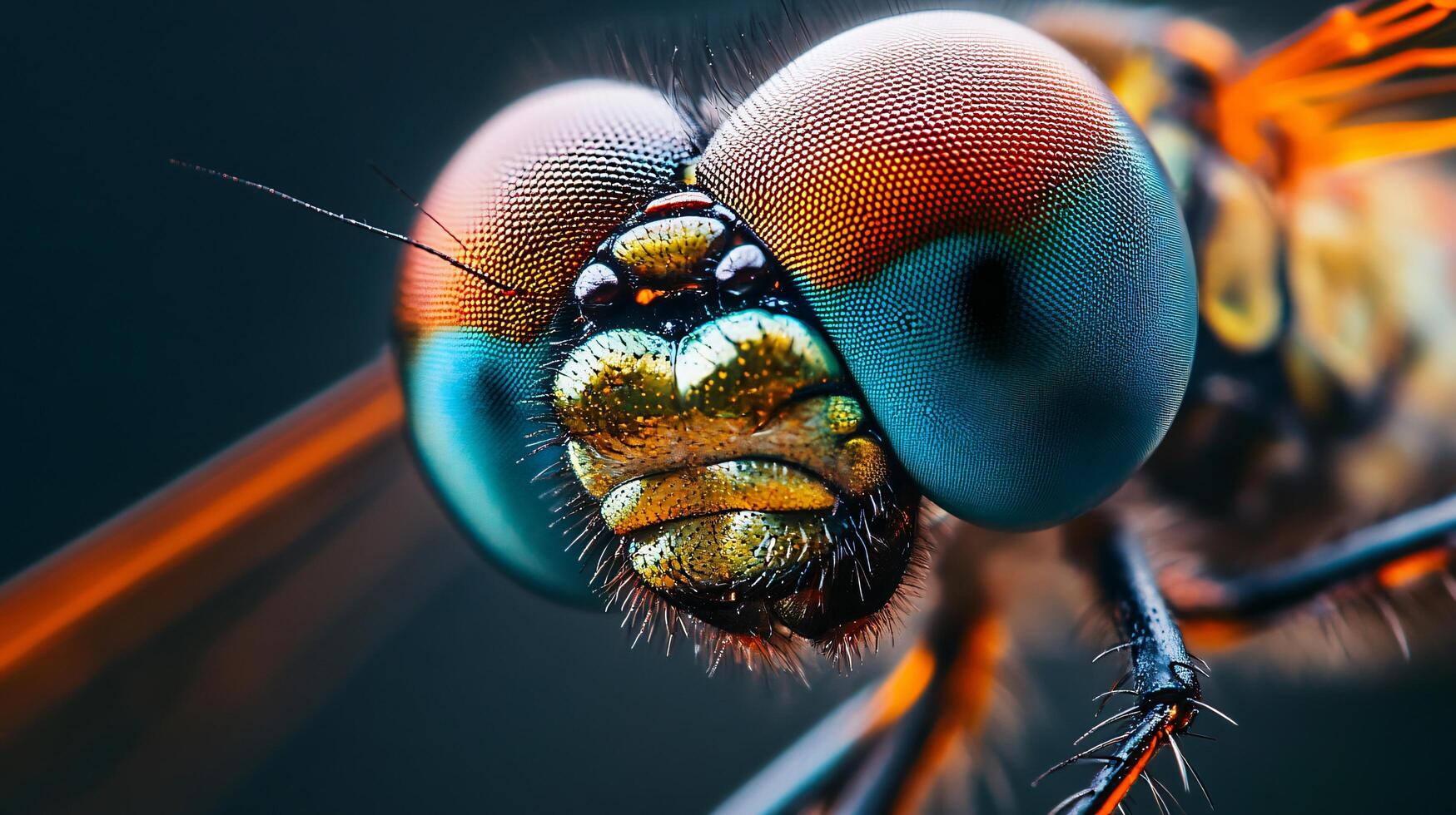 Close up of a dragonfly's face with a blue, red, and yellow pattern. The colors are vibrant and the insect's eyes are large photo