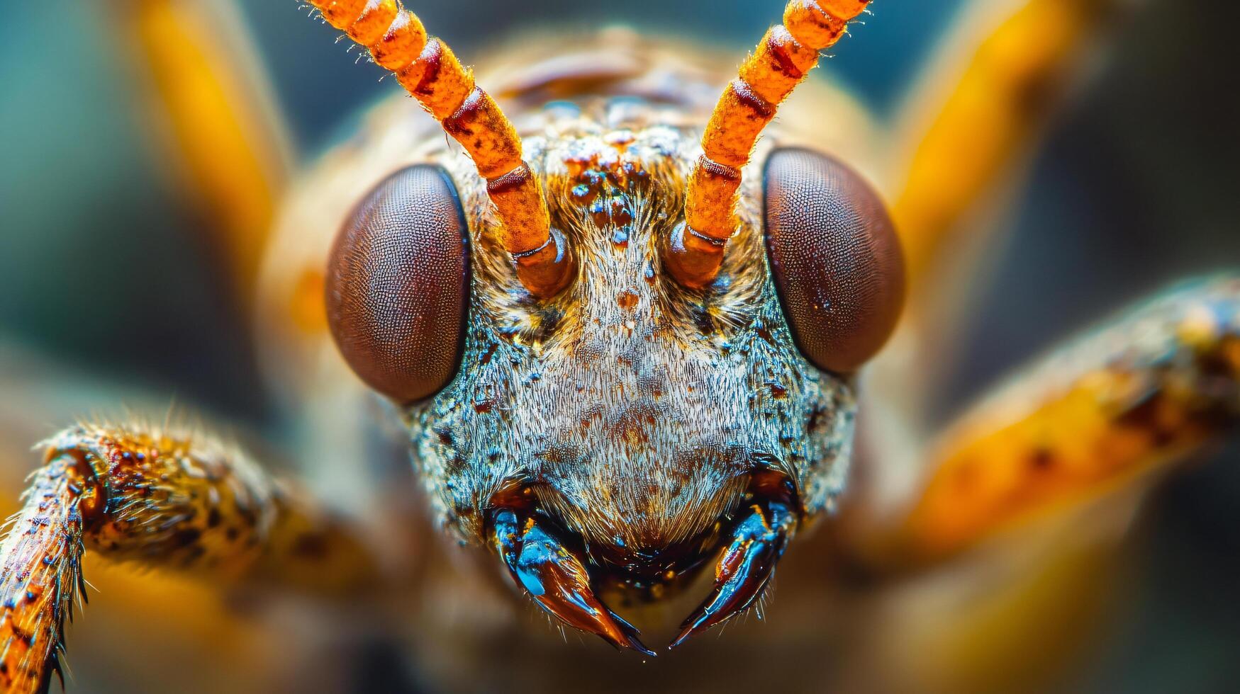 Close up of a bug's face with a brown and orange head. The bug has a large, orange eye and a long, orange antenna photo