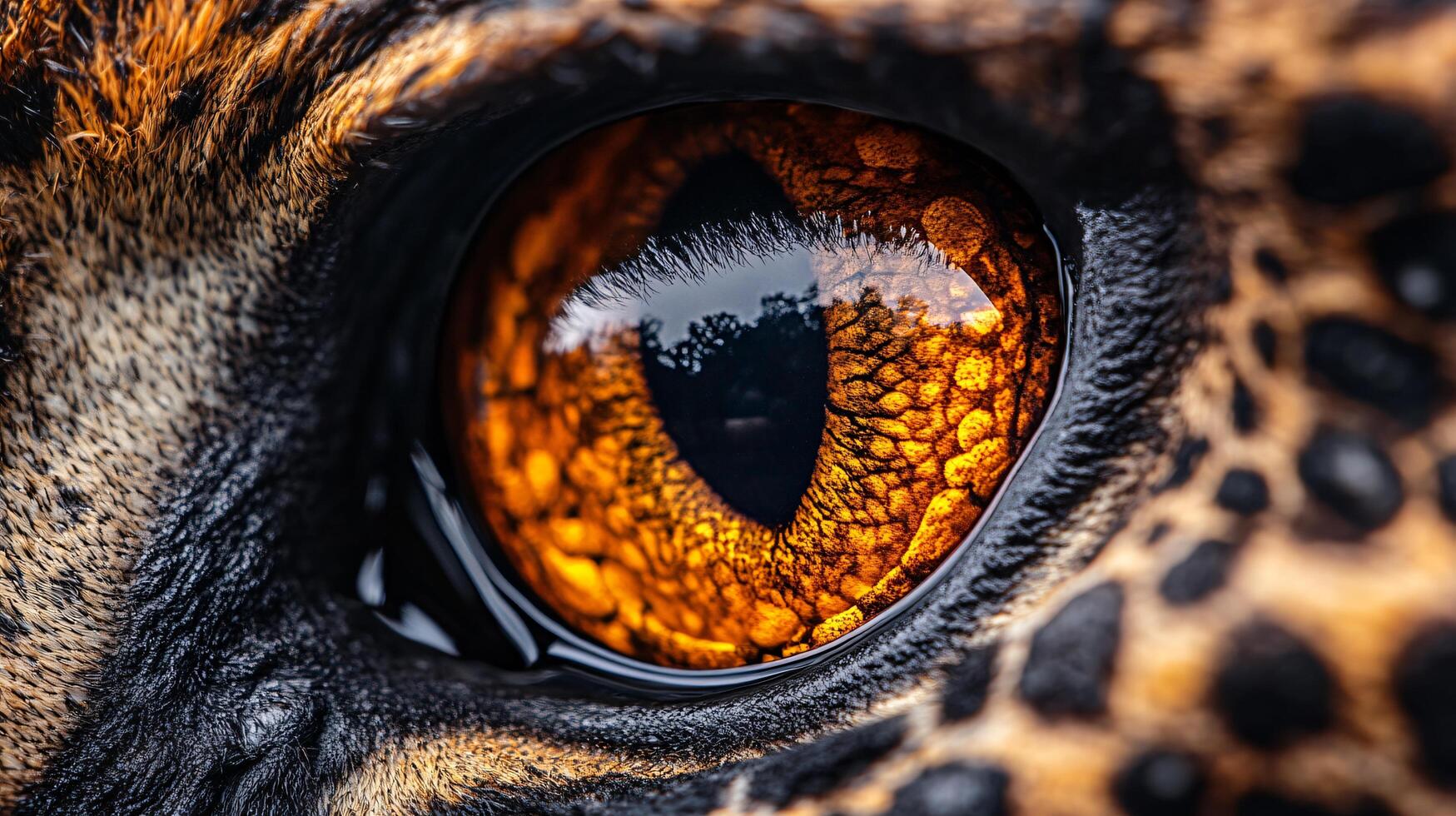 Close up of a giraffe's eye with a black pupil and a yellow iris. The eye is surrounded by a brown and black pattern photo