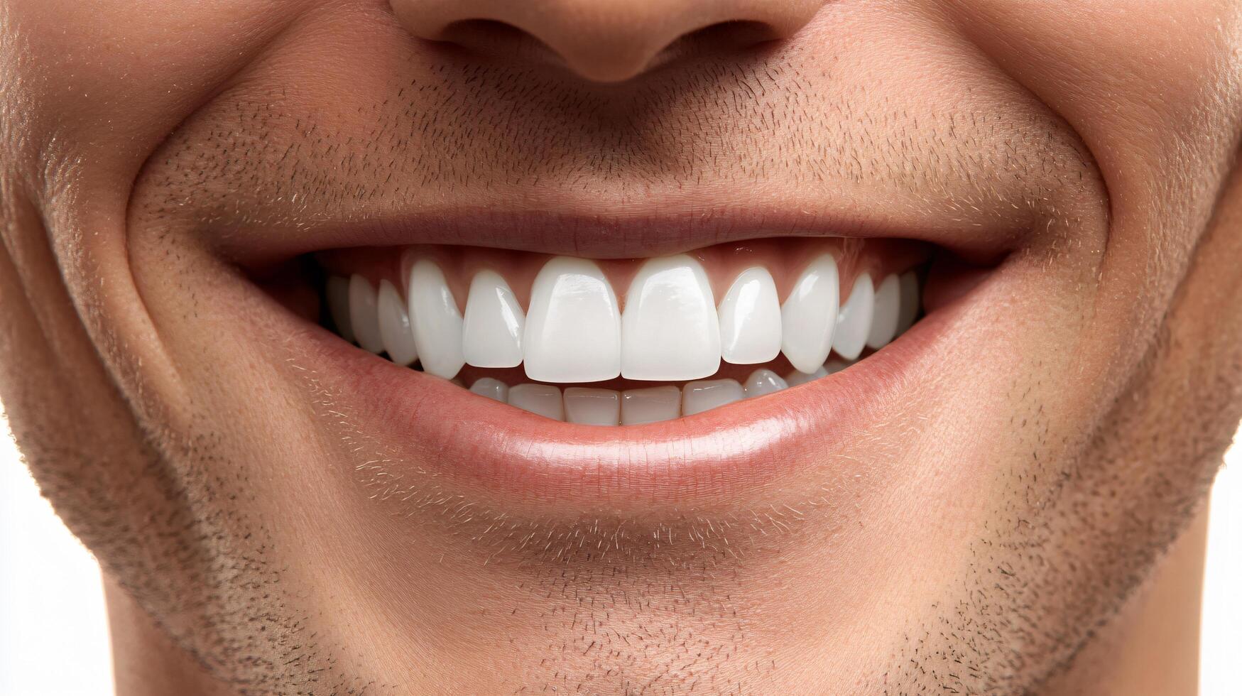 Man with a bright, white smile is shown in the image. His teeth are perfectly aligned and his smile is genuine and inviting. The man's facial expression conveys happiness and positivity photo