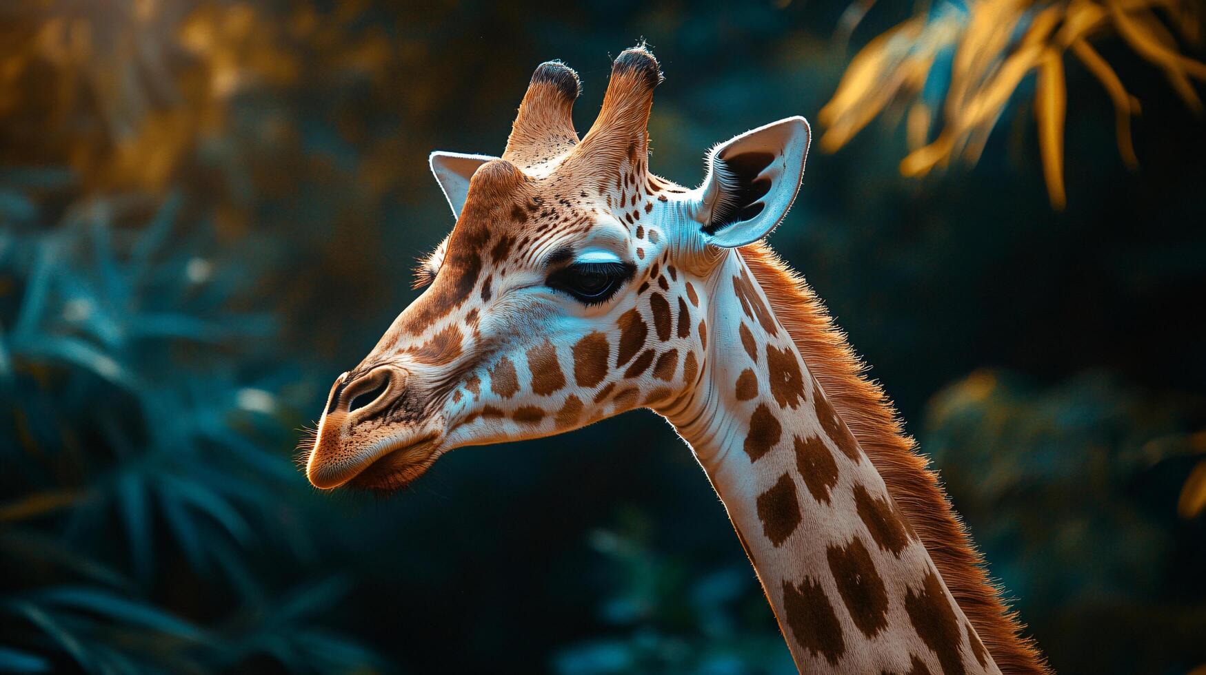 Giraffe is standing in a forest with green leaves and brown spots. The giraffe has a curious look on its face photo