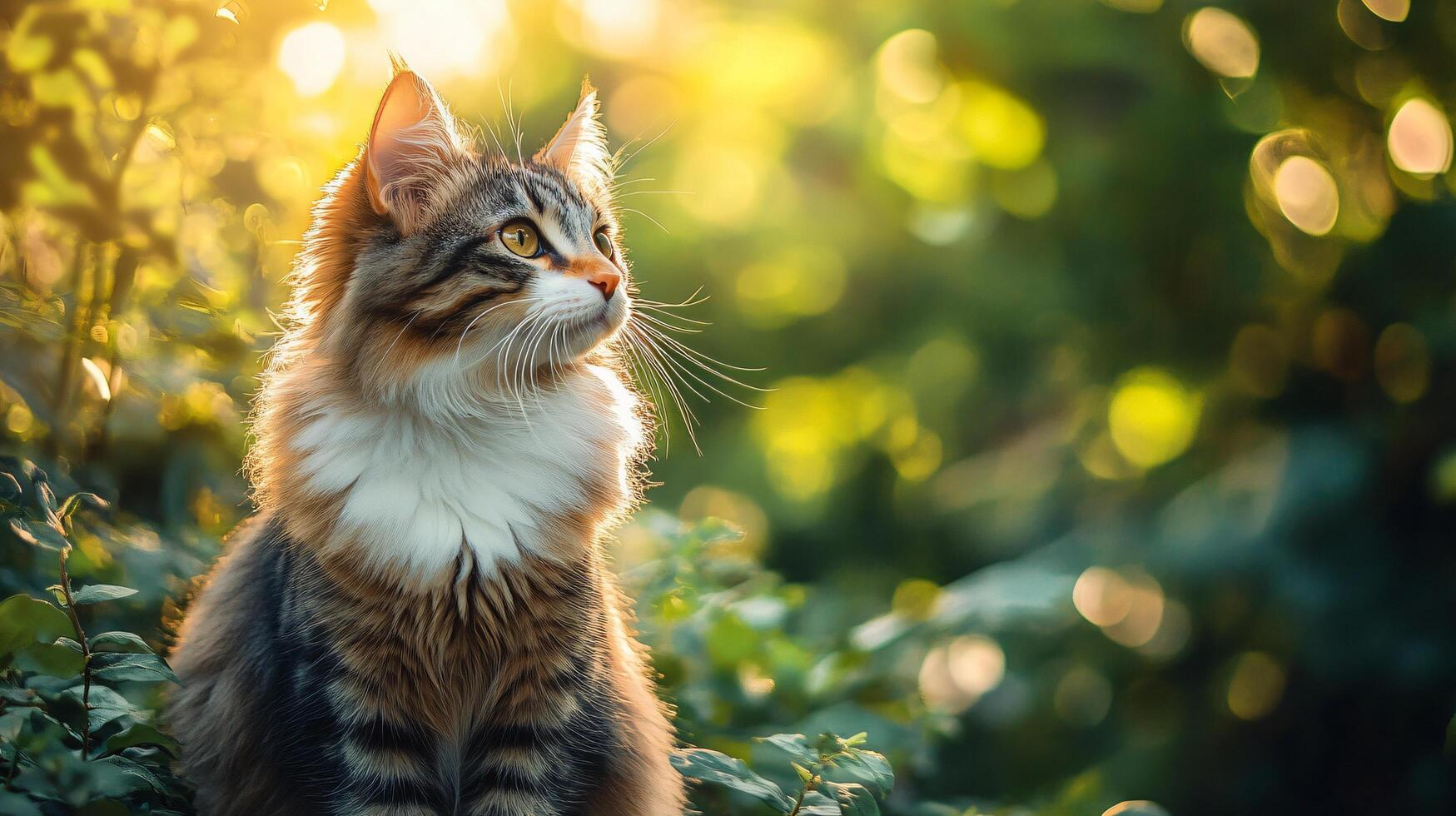 Cat is sitting in a green bush with its head up. The cat is looking at the camera photo