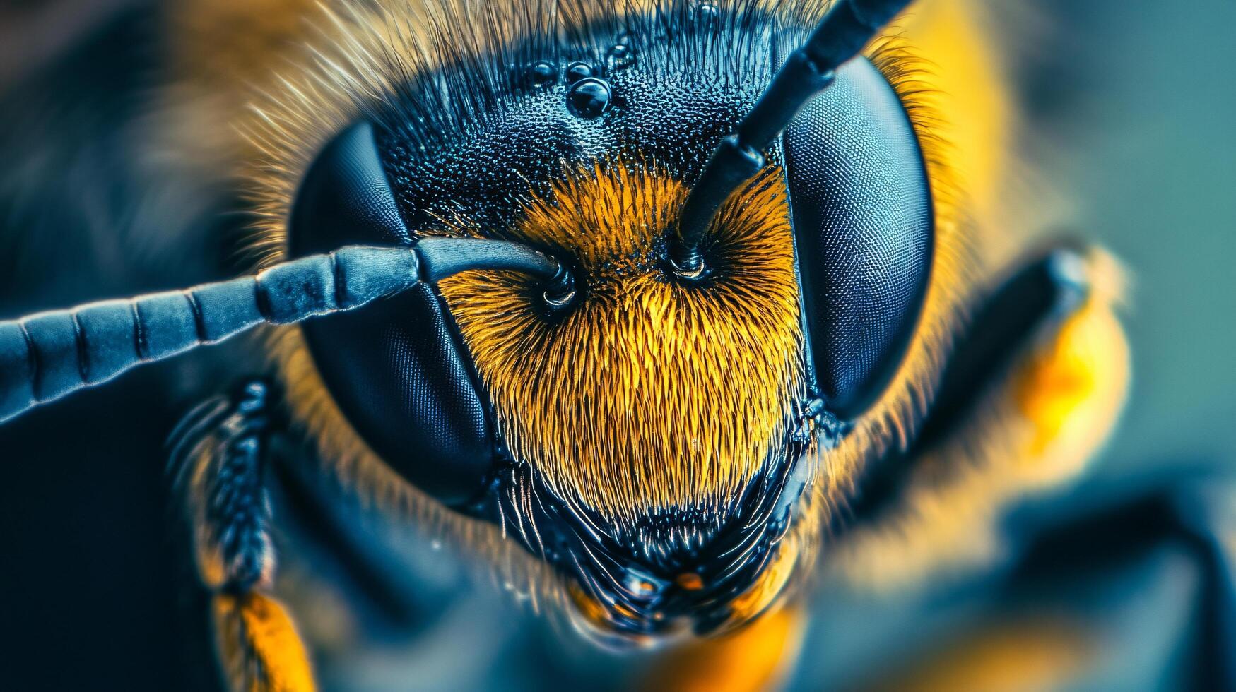 Close up of a bee's face with a yellow and black pattern. The bee's face is the main focus of the image, and it is in a natural setting photo