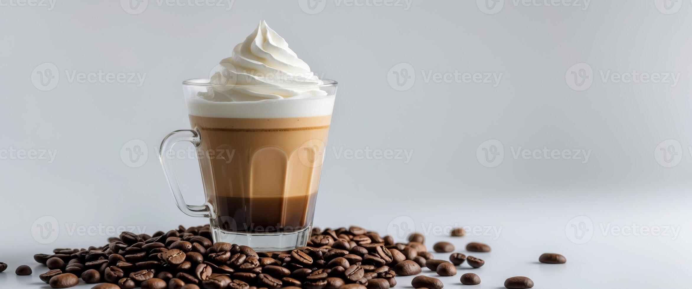 Coffee beans and coffee drink in glass on white background photo