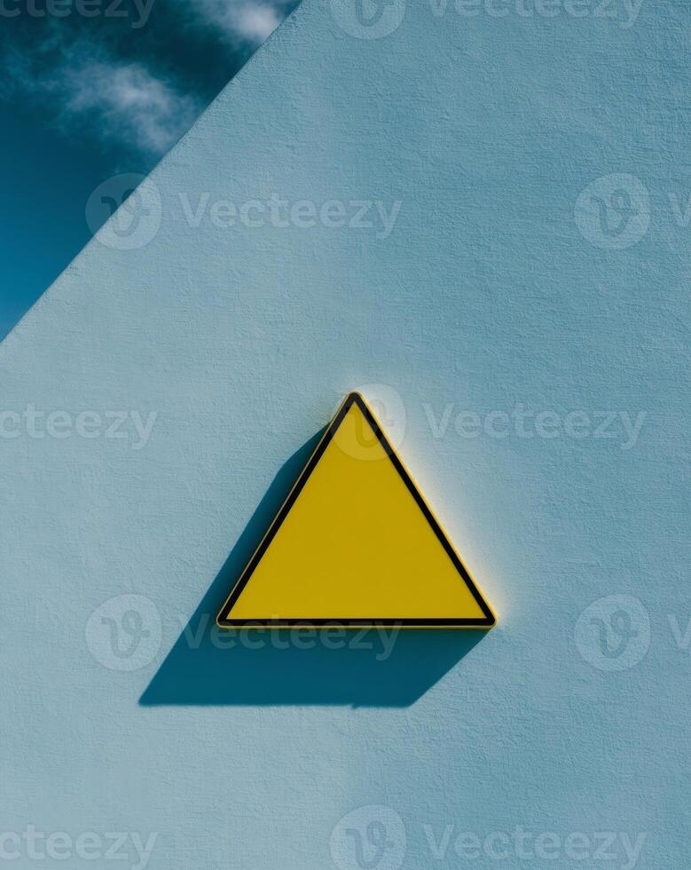 Blank Yellow Triangle Warning Sign on Blue Wall photo