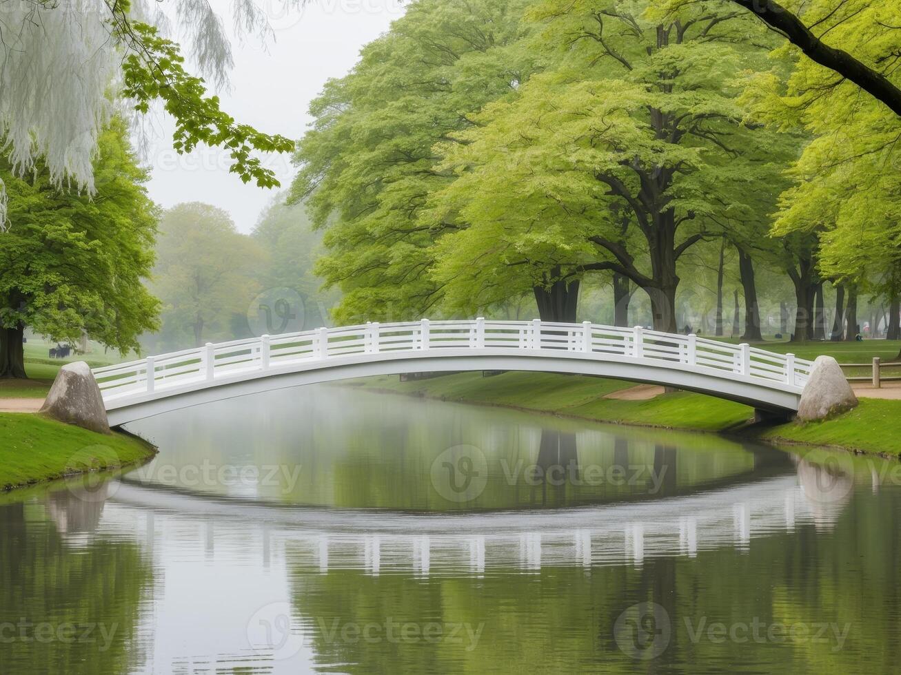 Serene White Bridge Reflecting on Calm Water Surrounded by Lush Green Trees in a Tranquil Park Setting Ideal for Nature Lovers and Outdoor Enthusiasts photo