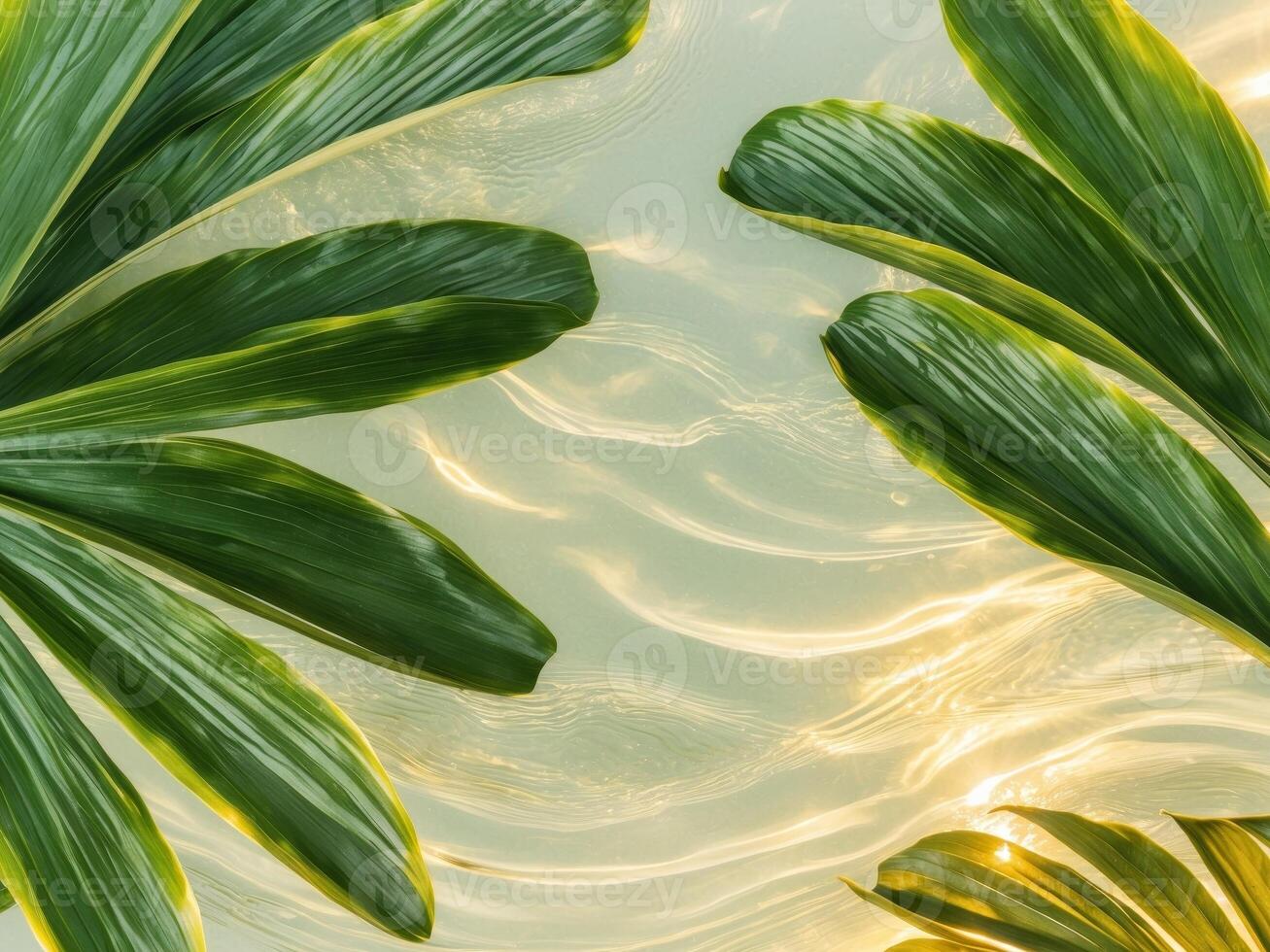 Top Down View of Palm Leaves and Water Ripples with Sunlight Shadow Overlay - Perfect for Summer Backgrounds and Tropical Designs photo