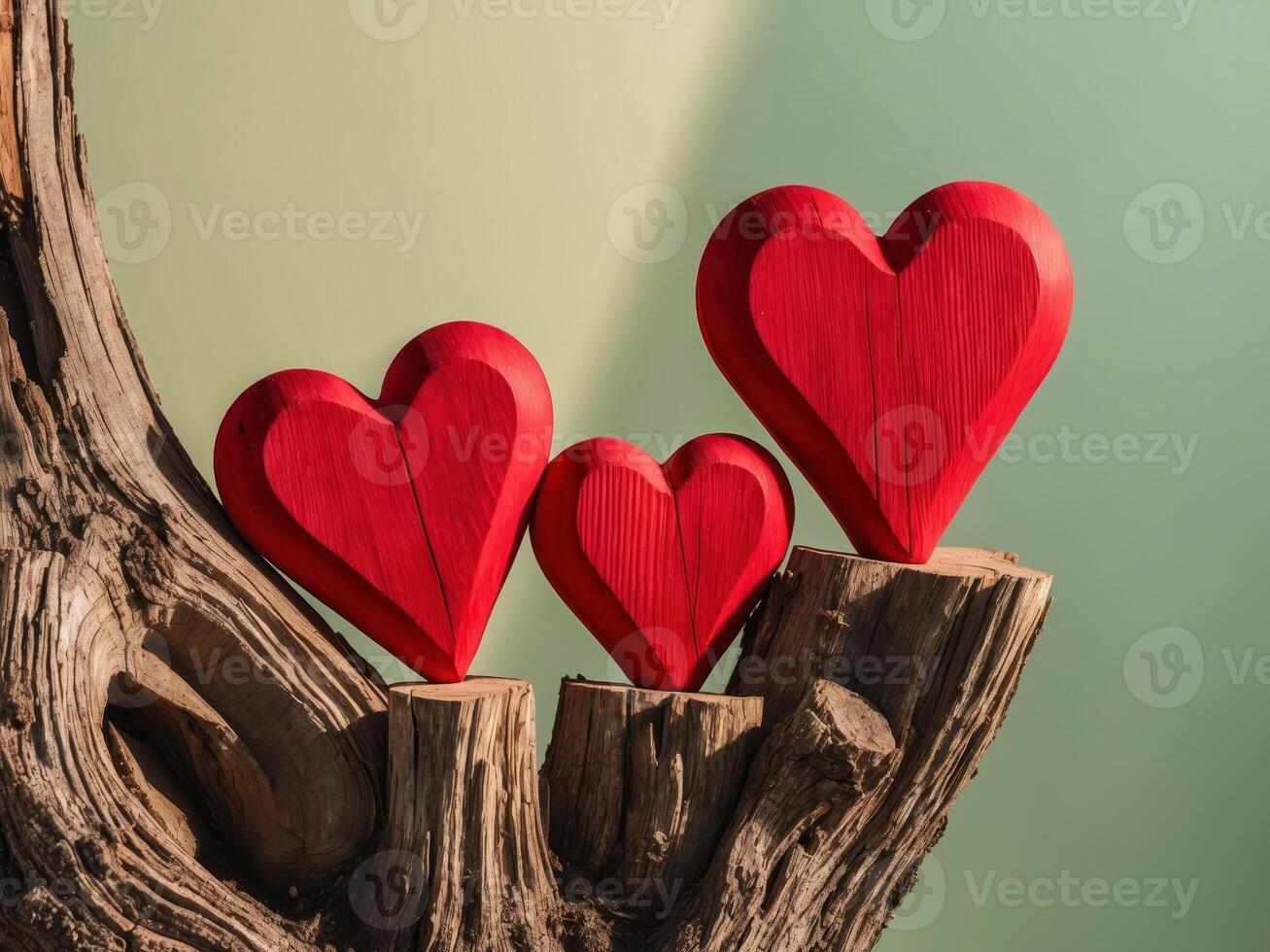 Three Red Wooden Hearts Nestled in a Tree Trunk photo