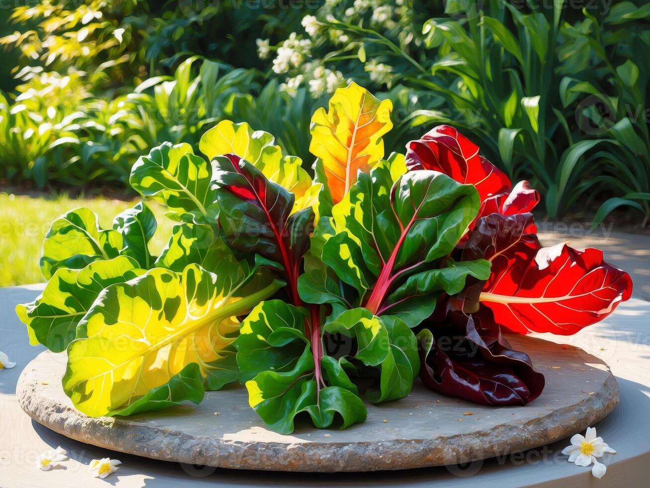 Freshly cut chard leaves in green red and yellow on a stone slab in a sunny garden photo