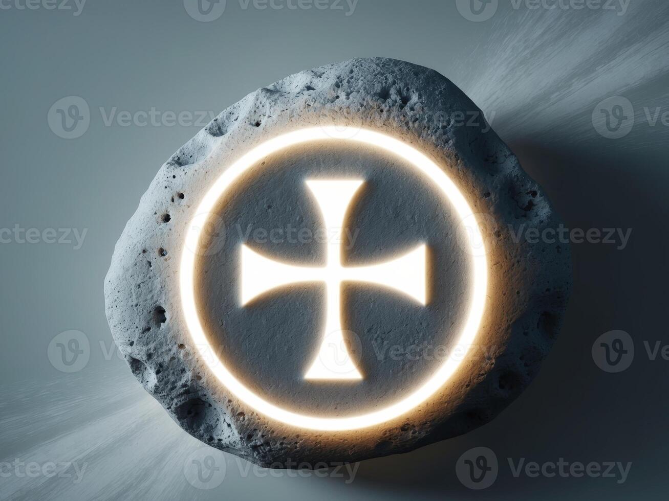 Glowing Circle and Cross Symbol Carved Into Rough Stone photo