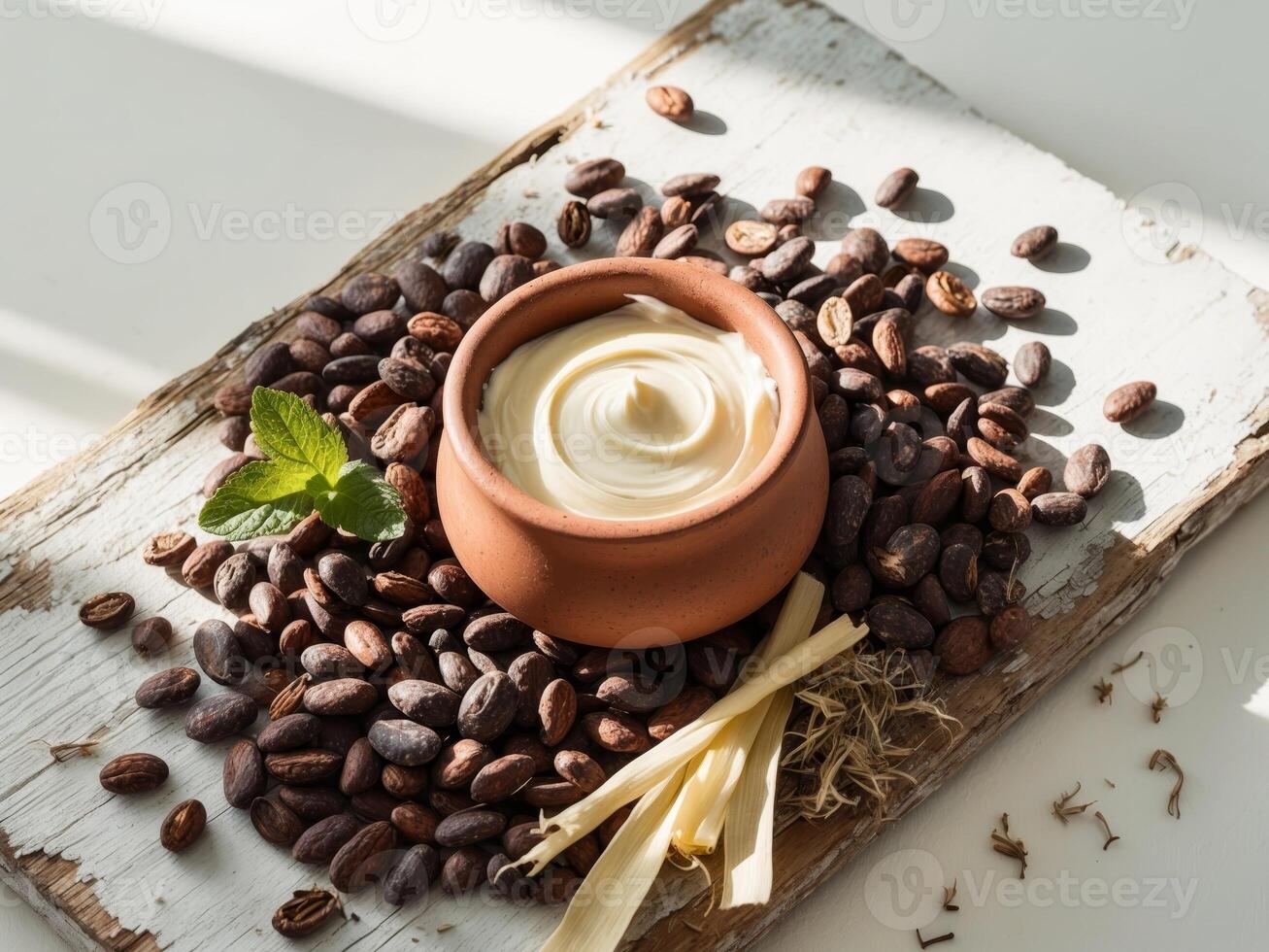 Close up shot of cacao beans scattered on a wooden surface with a rustic jar of cocoa butter and dried herbs photo
