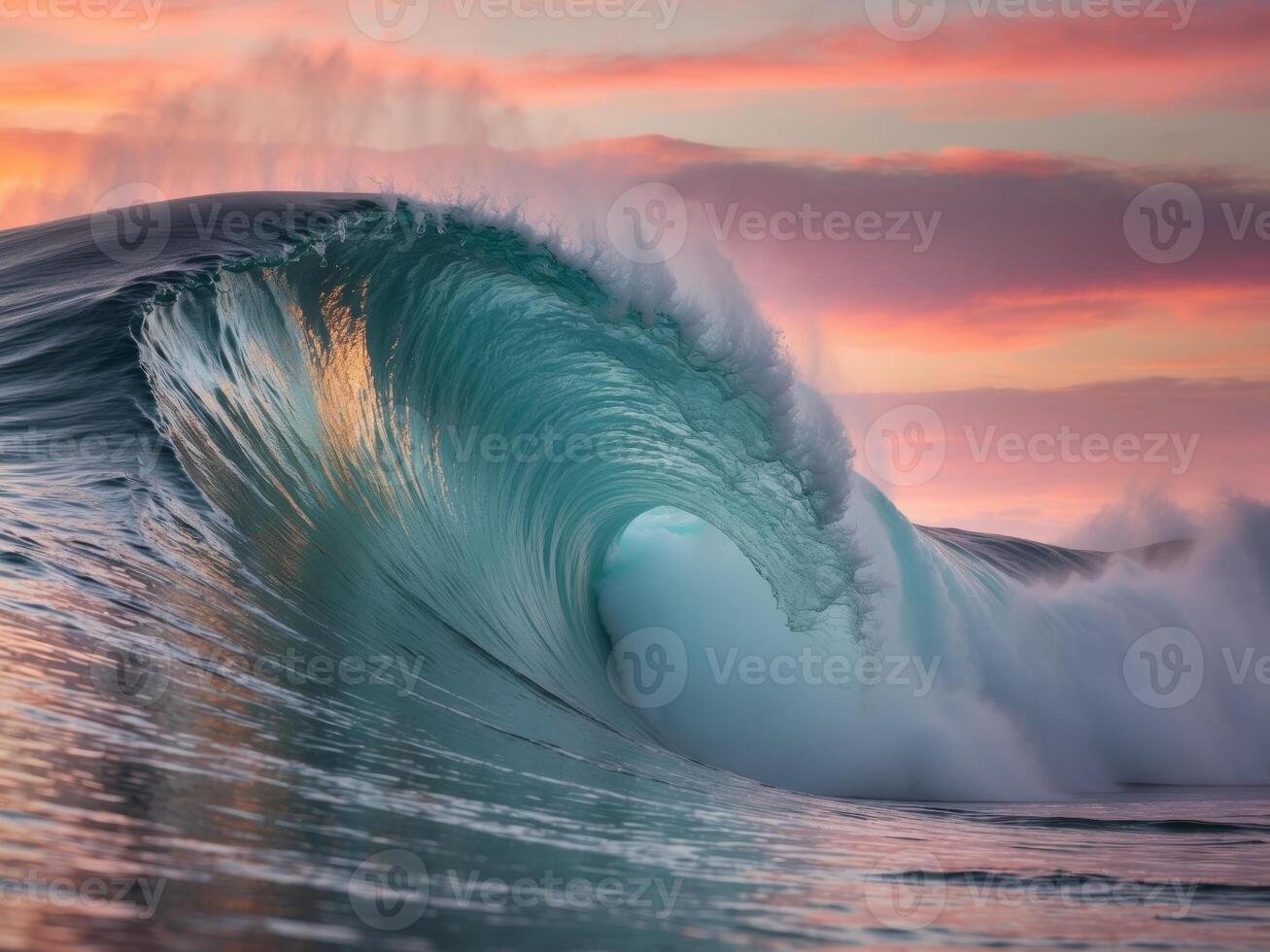 Close up of a beautiful huge wave in the sunset photo