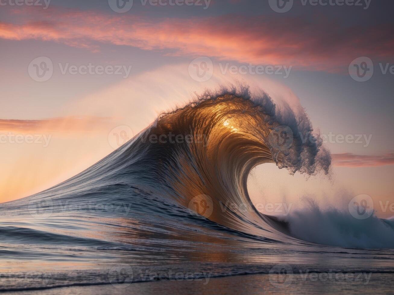 Close up of a beautiful huge wave in the sunset photo