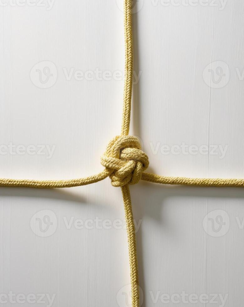 Artfully arranged yellow rope knot showcasing intricate design and texture on a clean background photo