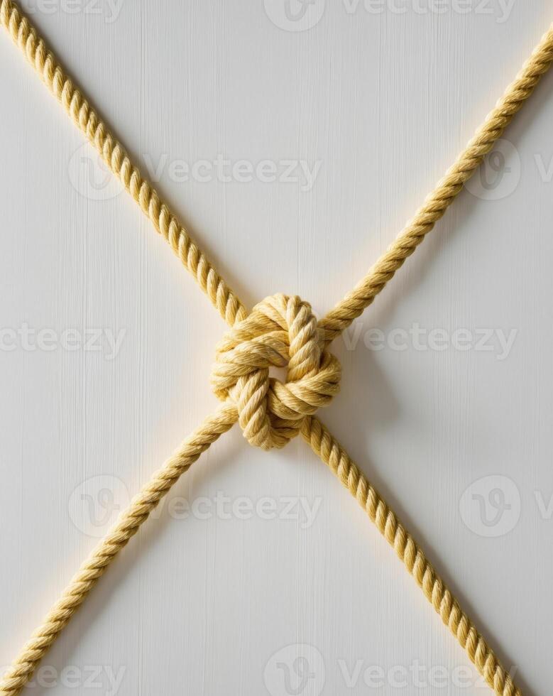 Artfully arranged yellow rope knot showcasing intricate design and texture on a clean background photo