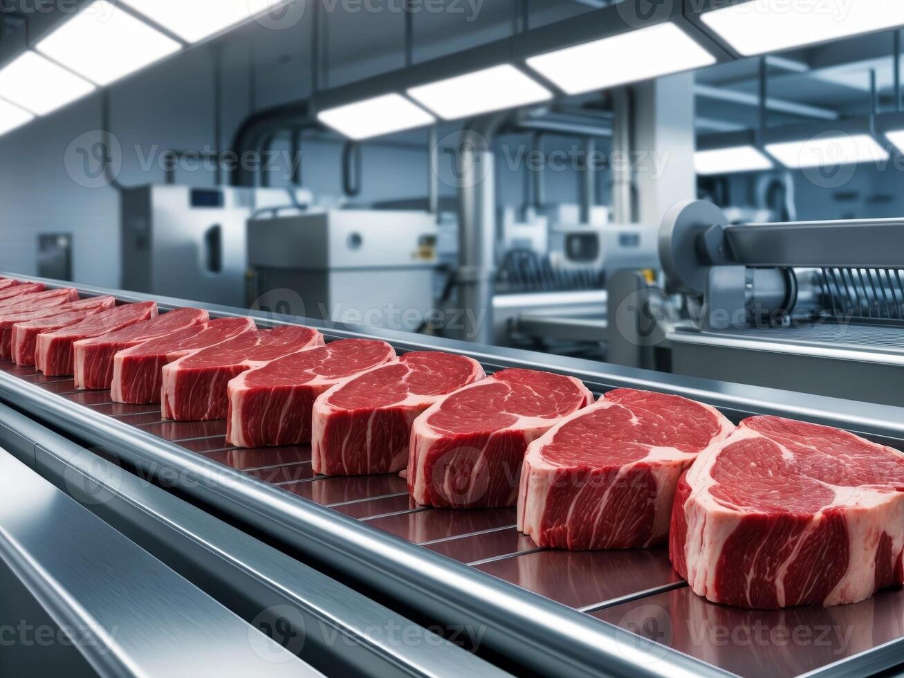 Fresh Raw Beef Steaks on a Conveyor Belt in a Meat Processing Facility photo