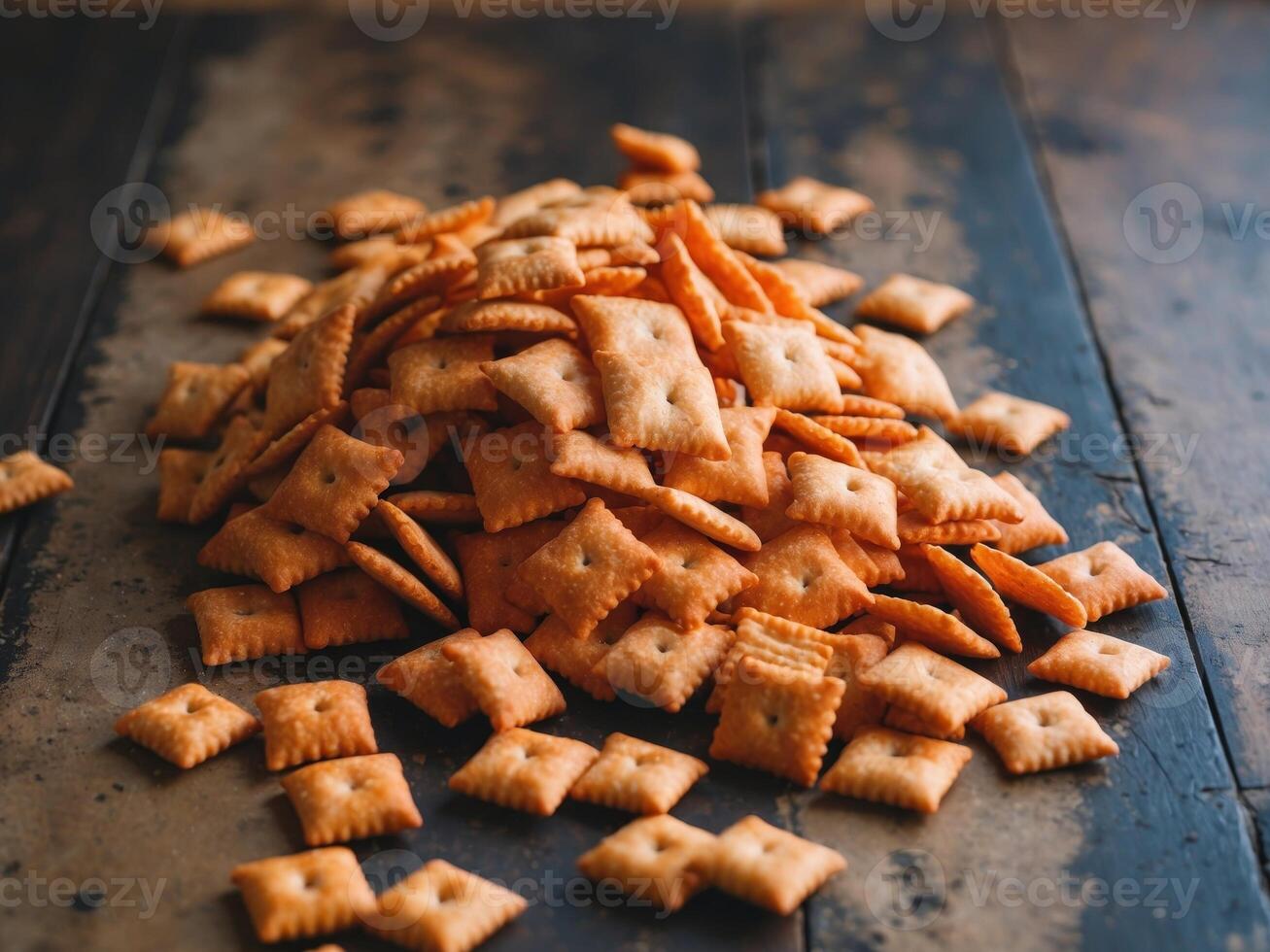 A pile of crackers on a wooden table photo