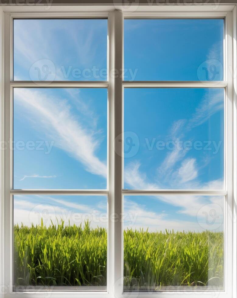 Bright Sunlit Window View with Lush Green Grass and Blue Sky photo