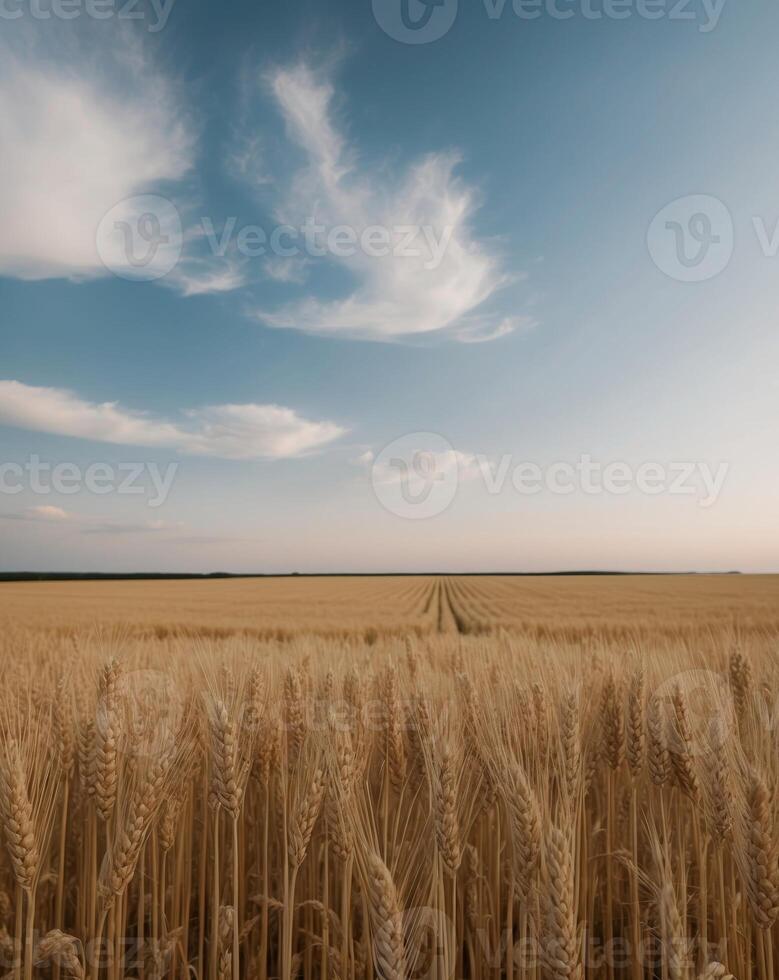 Wide Field of Golden Wheat Under Deep Blue Sky with Soft White Clouds on the Horizon photo