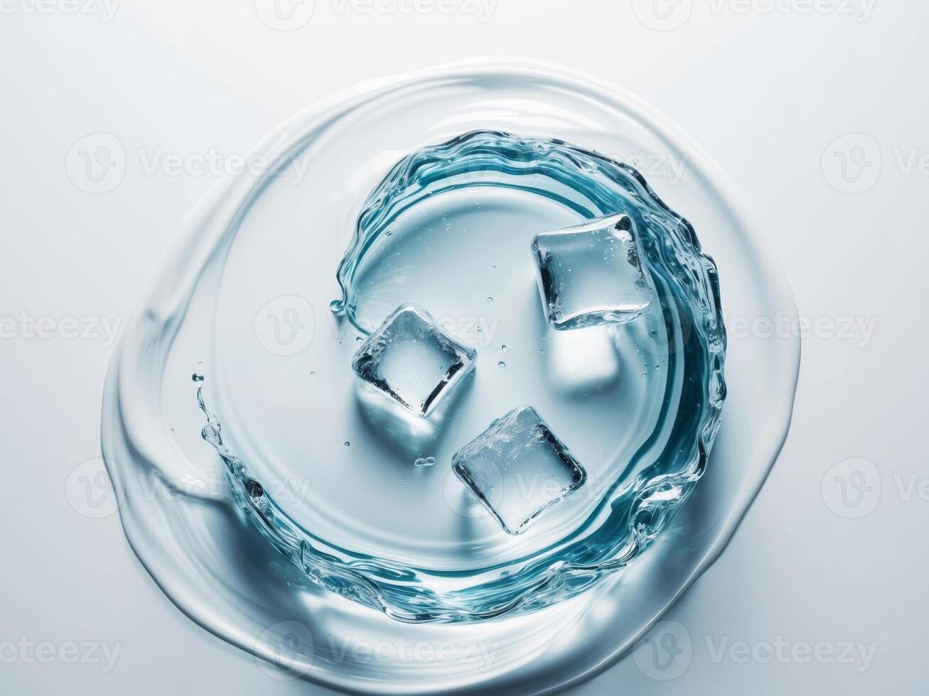 Refreshing swirl of water and melting ice cubes on white photo