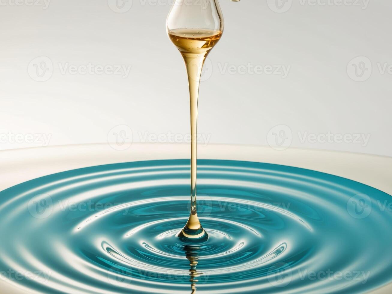 Dropper releasing golden liquid into water creating ripples photo