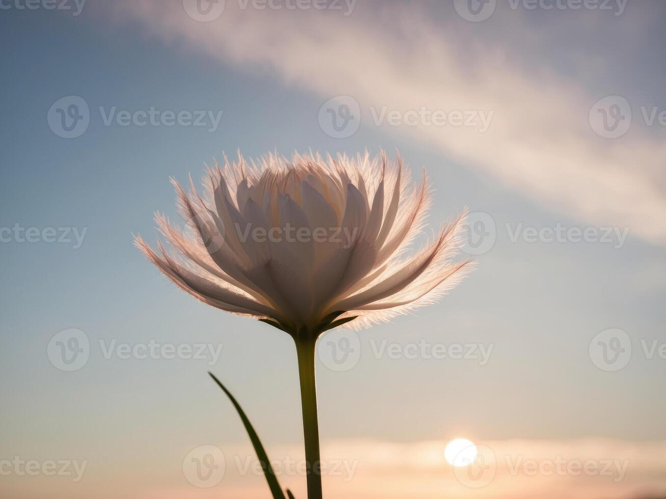 A single white flower is in the foreground of a sunset photo