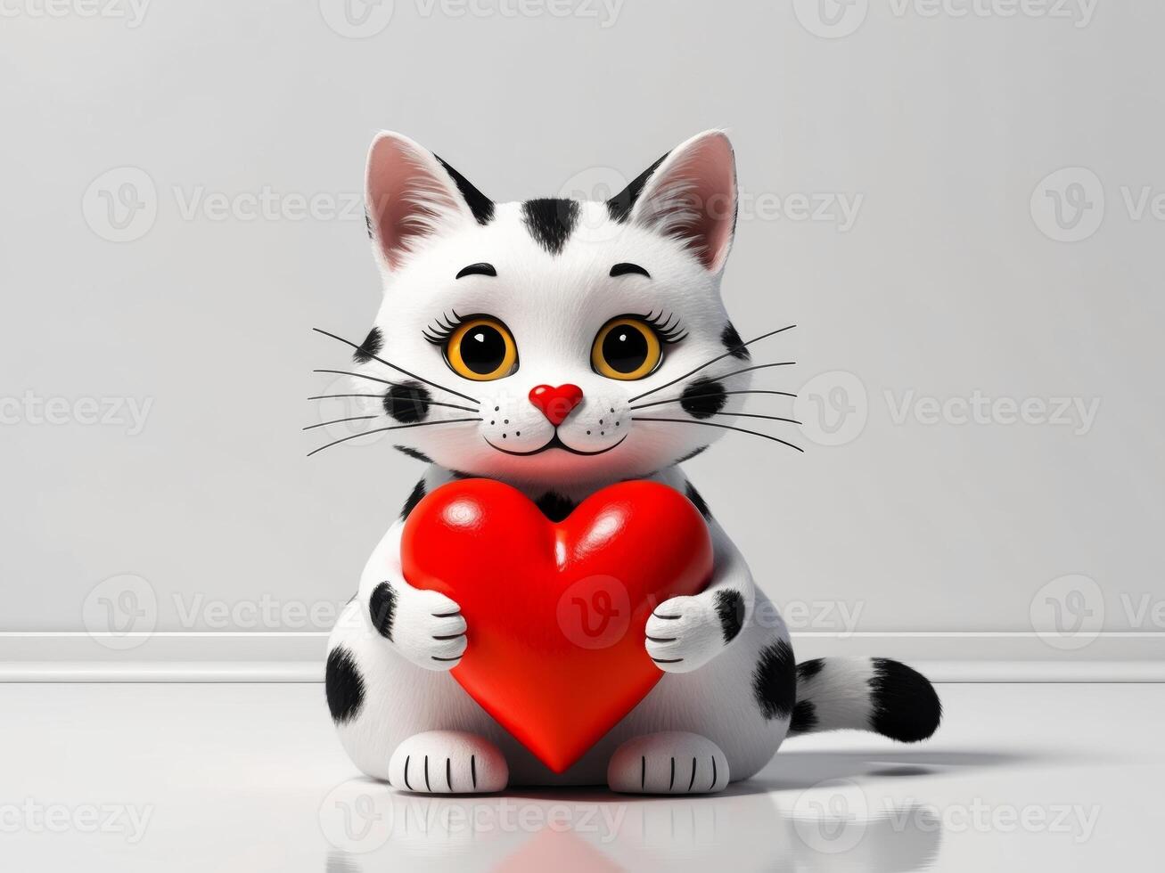 A white and black spotted cat holding a red heart photo