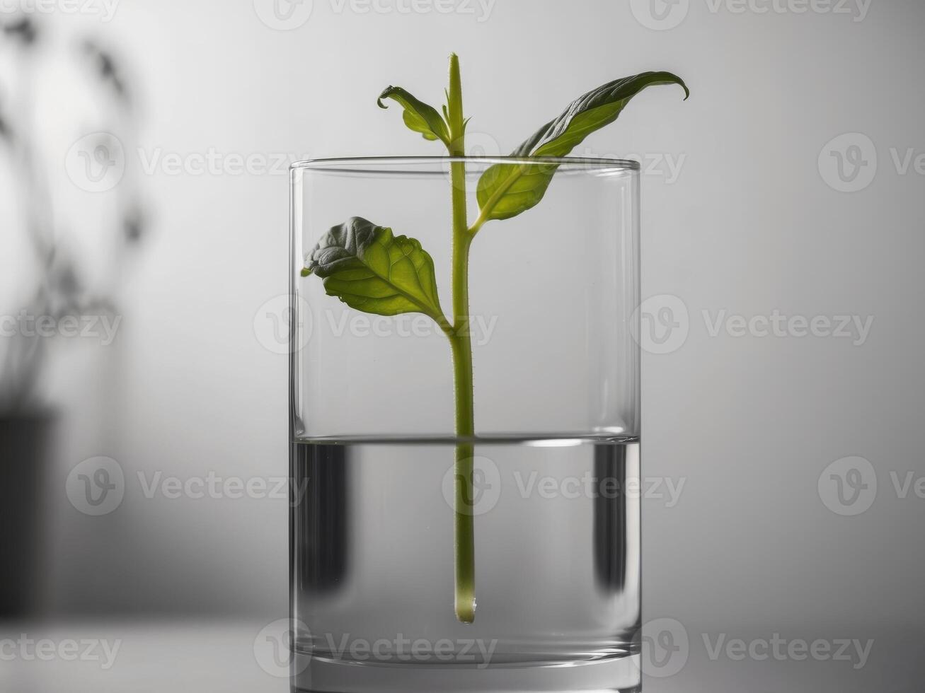 Microscope focusing on a green plant stem in water highlighting scientific research in botany photo