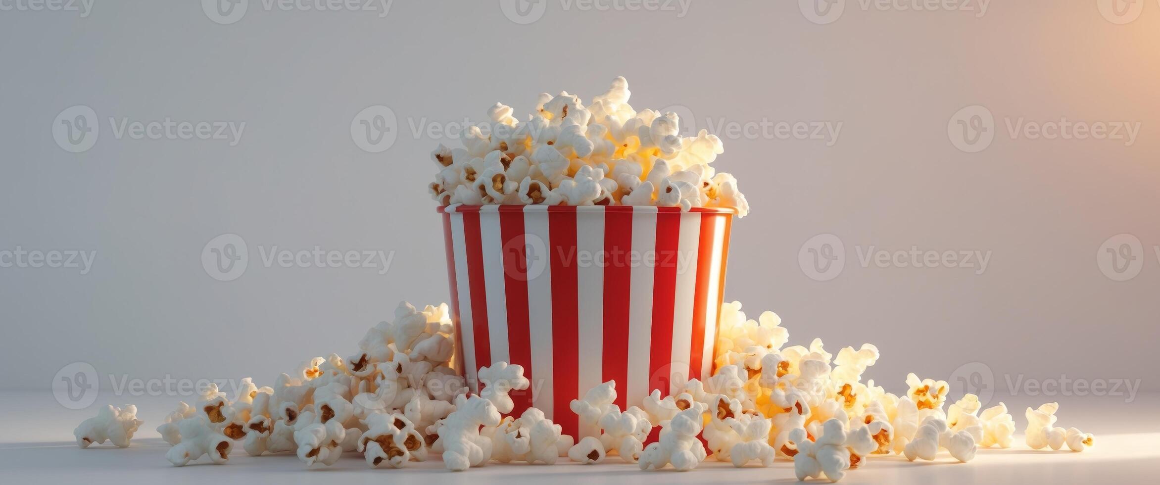Classic striped popcorn bucket overflowing with popcorn photo