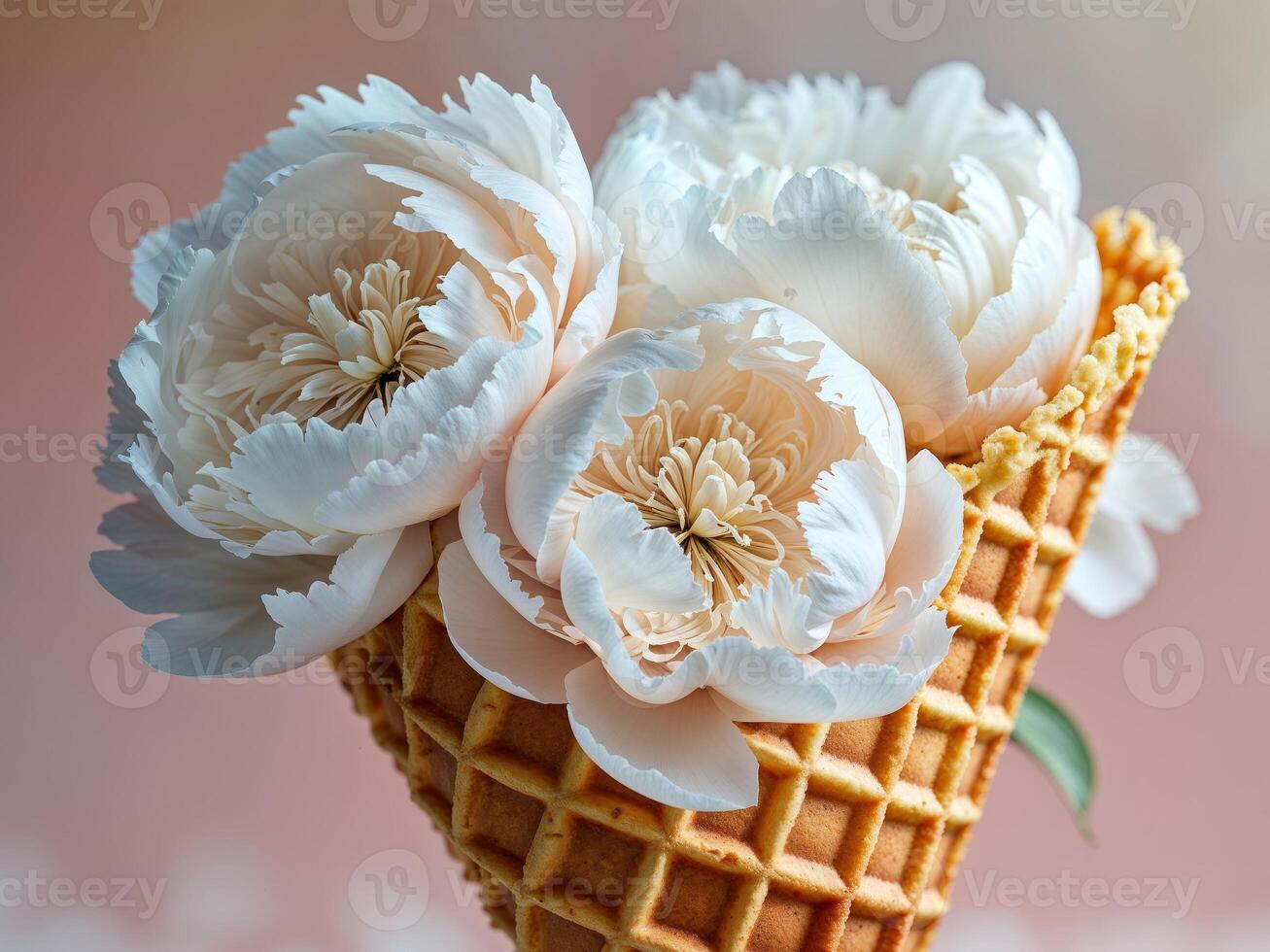 Elegant white peony blossoms in a waffle cone create a unique spring summer floral design on a soft pink backdrop photo