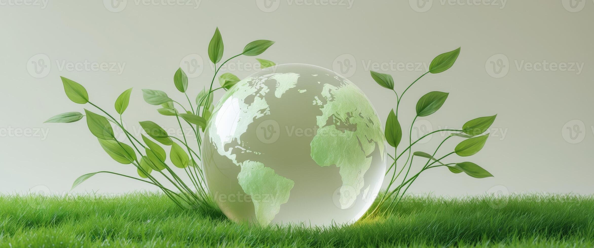 A glass globe resting on green grass with fresh leaves growing around it photo