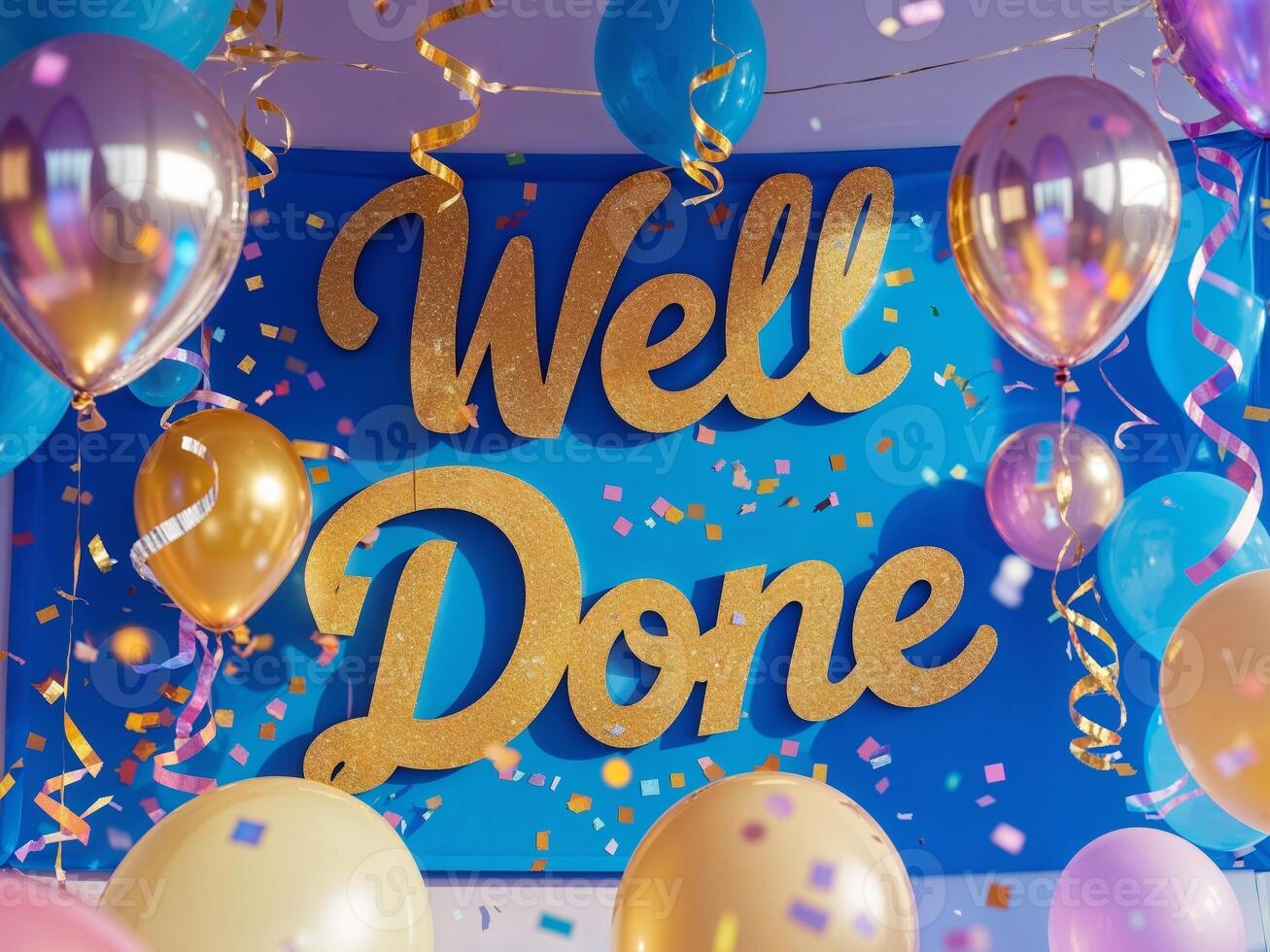 celebratory atmosphere with Well Done banner hanging photo