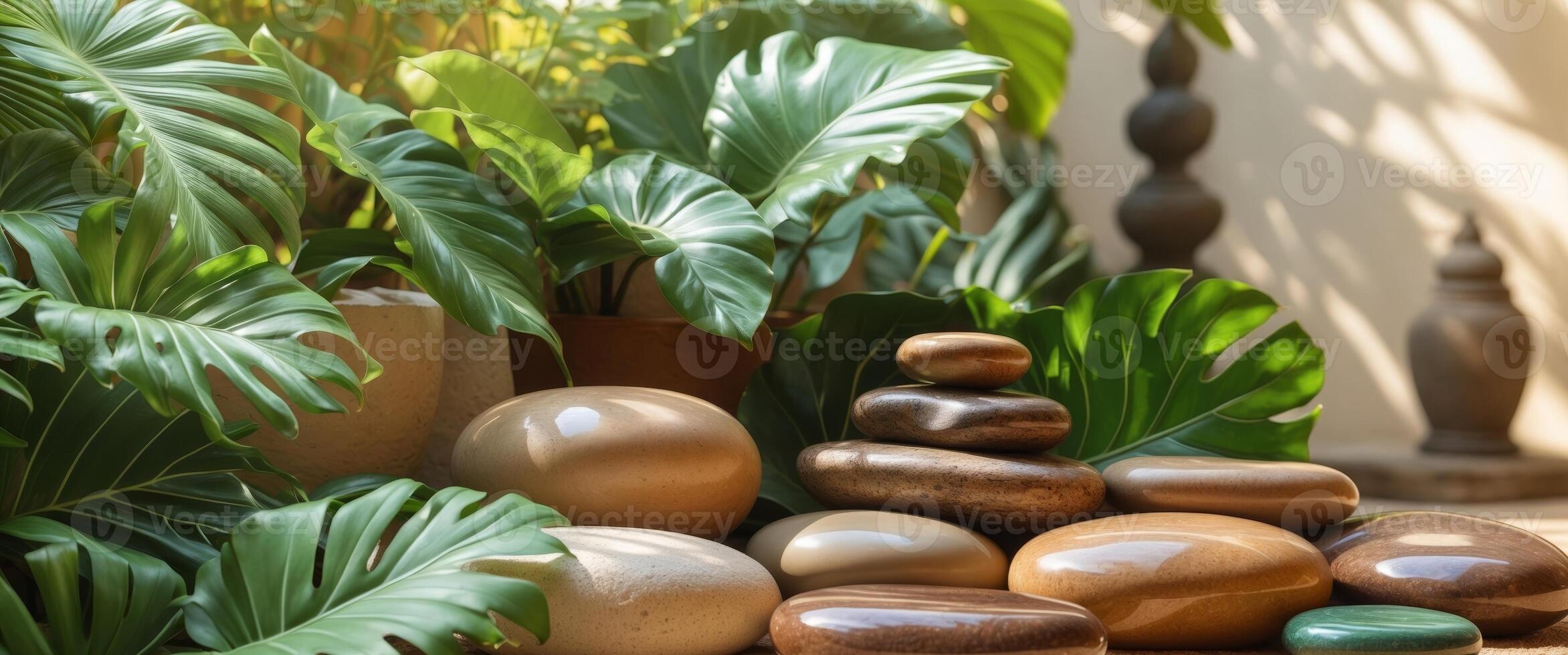 Smooth Shiny Stones and Green Exotic Leaves in a Relaxing Massage Garden in Tropical Jungles photo